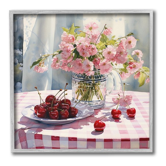 Stupell Industries Spring Still Life on Plaid Food & Beverage Painting Gray Framed Art Print Wall Art, 24 x 24