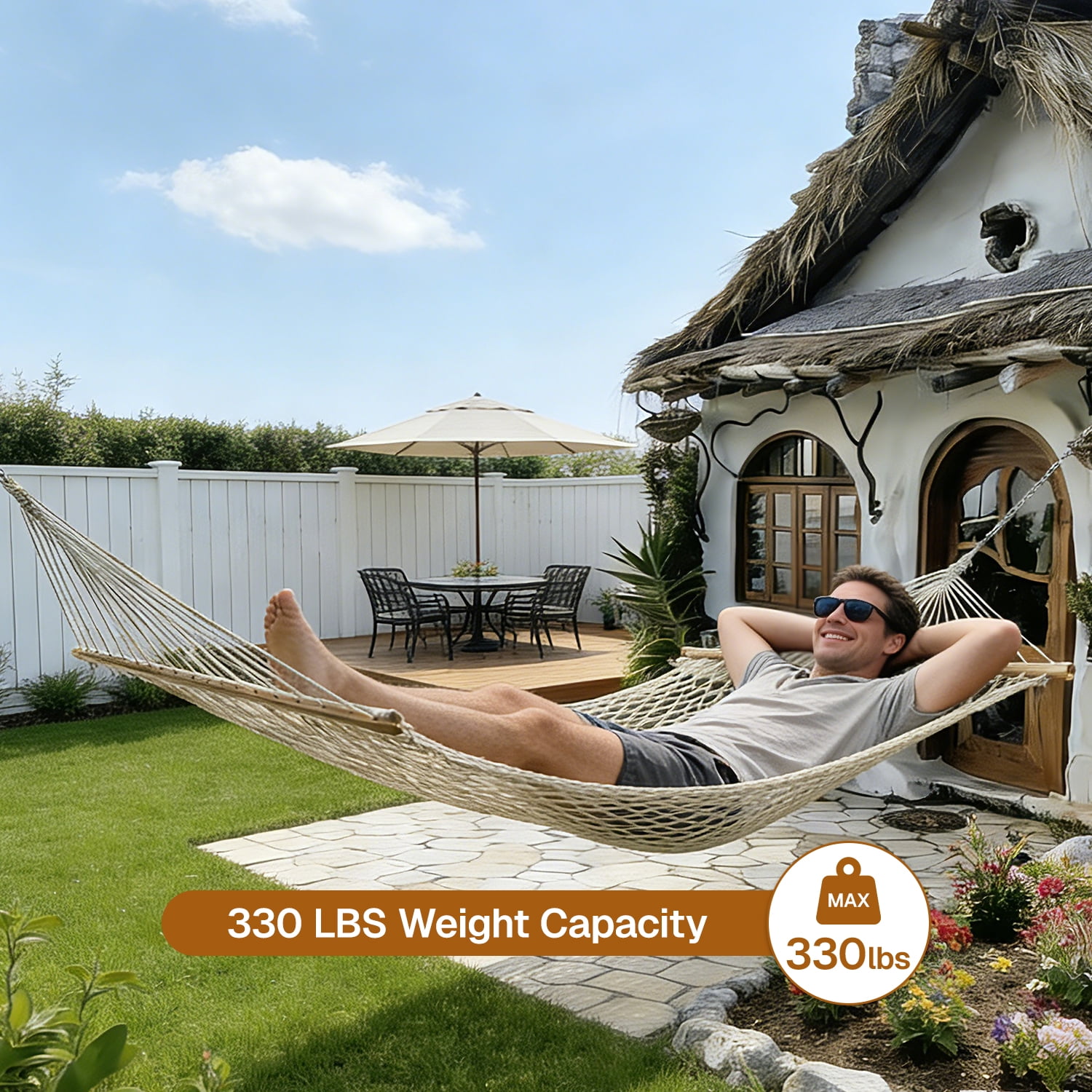 BN-LINK Cotton Rope Hammock,Handwoven Hammock with Hardwood Spreader Bars,Double Hammock for Outdoor Backyard Patio Poolside,330lbs Weight Capacity, Natural