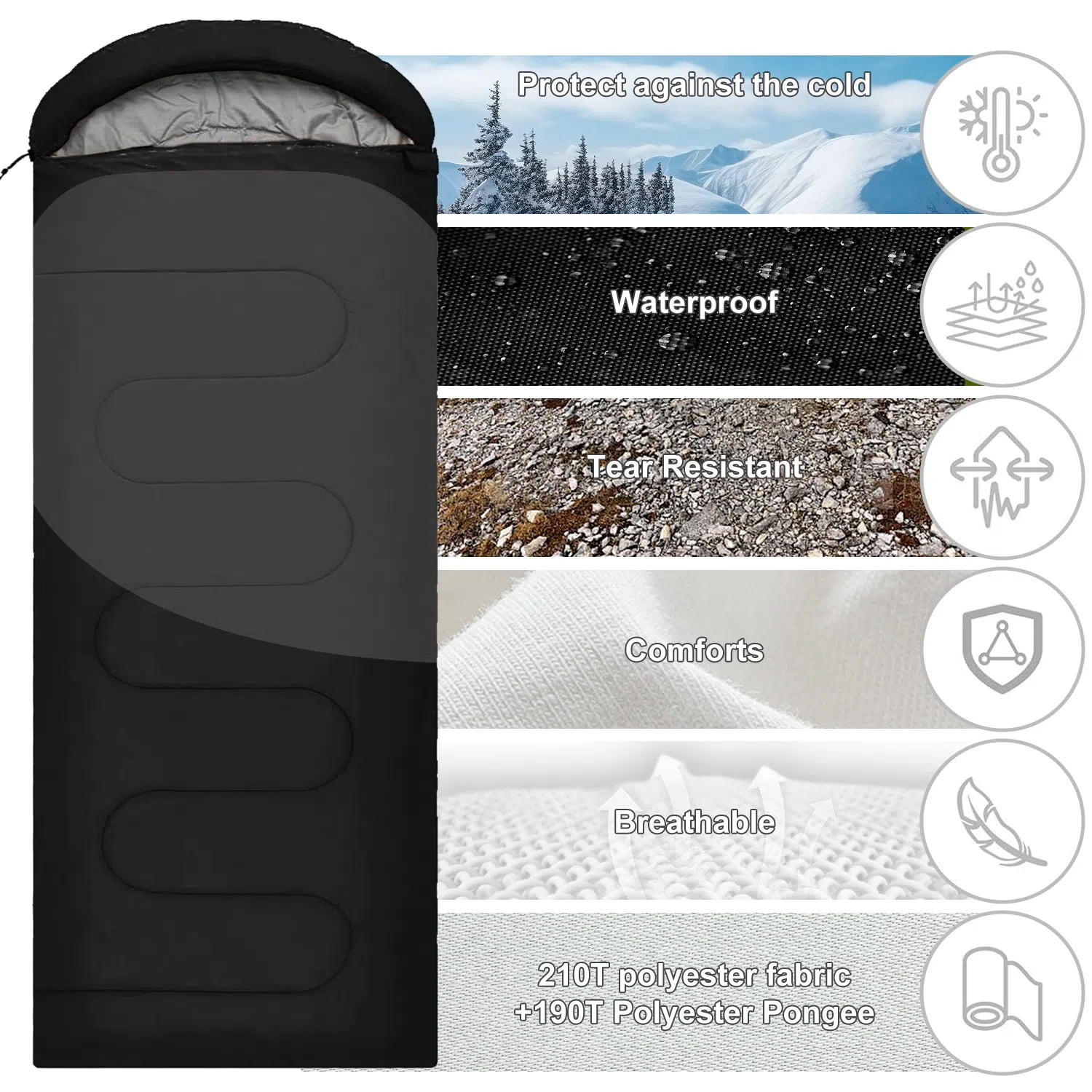 Teblint Camping Sleeping Bag for Adults Kids, Cold Weather Warm Sleeping Bag with Compression Bag for 3 Seasons, Compact Camping Essentials Gear Accessories Hiking Sleep Must Haves-Black