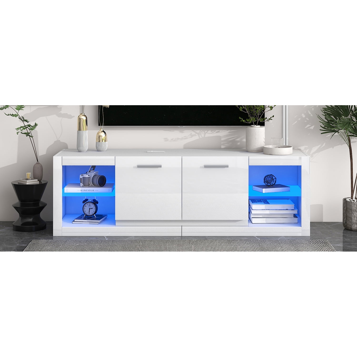 Kadyn TV Cabinet, Modern TV Stand with 2 Tempered Glass Shelves, Entertainment Center TV Console with LED Color Changing Lights for TVs Up to 70”, White