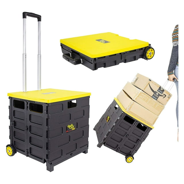 dbest products Quik Cart Pro Collapsible Handcart with Lid Seat Stool, Yellow