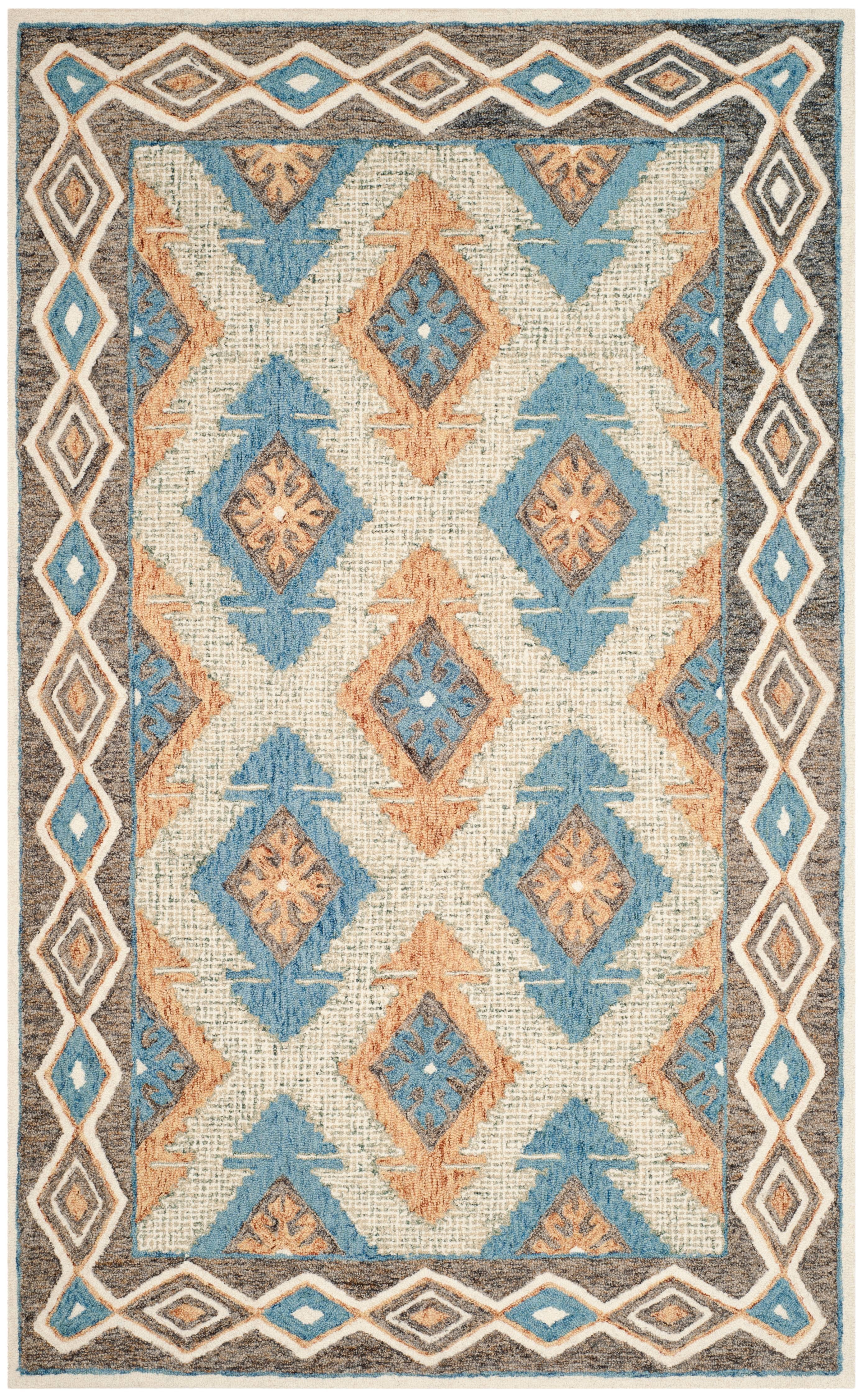 SAFAVIEH Micro-Loop Averill Geometric Aztec Wool Area Rug, Blue/Beige, 5' x 8'