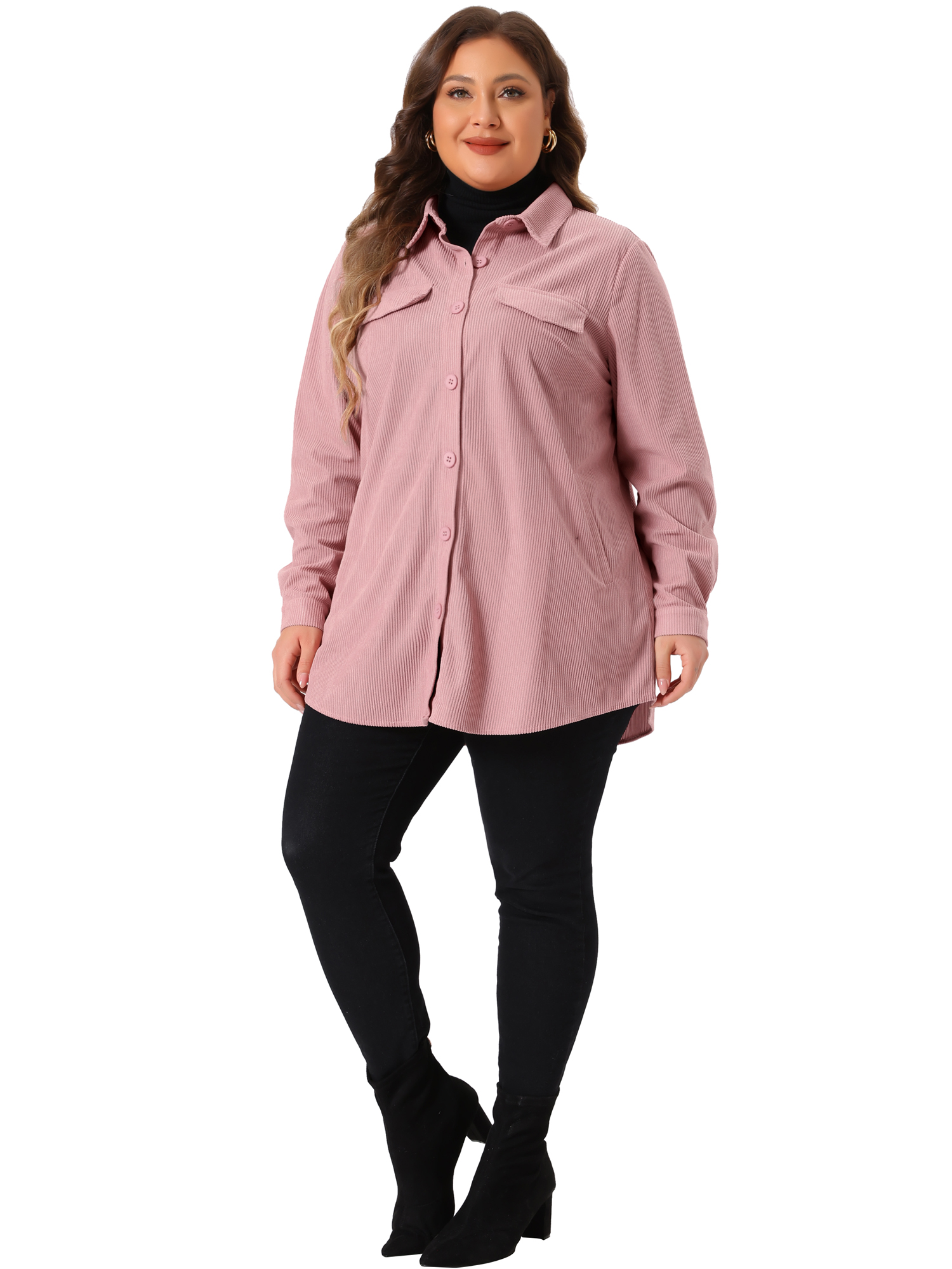 DARING DIVA Plus Size Corduroy Shirts Button Down Shackets Jacket 1X Pink