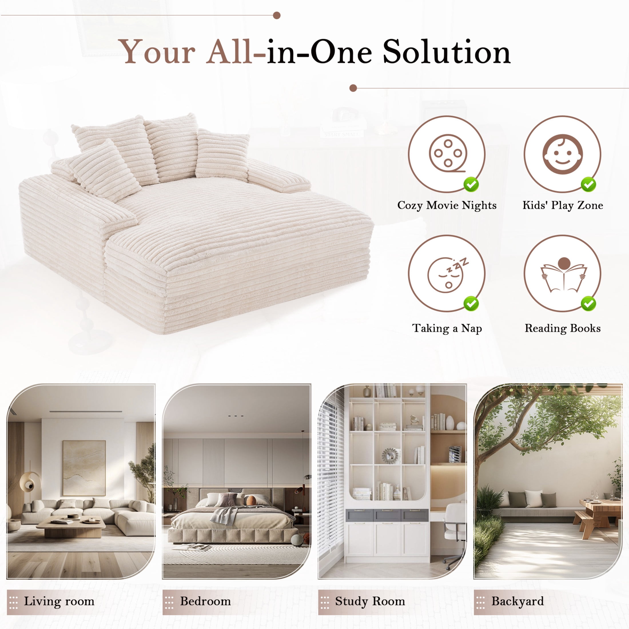 Noble House Heliox 68" Oversized Chaise Lounge Chair, Plush Corduroy Sleeper Sofa Bed with Removable Pillows, Beige