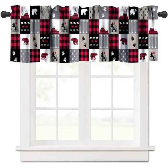 Bear Deer Buffalo Plaid Valance, Retro Rustic Buffalo Plaid Patchwork Deer Bear Paw Mountain Pine Tree Cottage Style Window Curtain Valance for Bedroom Kitchen Living Room, One Panel 54x18in