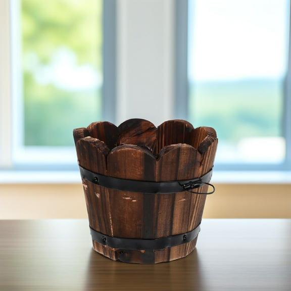 EXHUMKY Brown Wooden Round Flower Pot Multi Functional Garden Planter