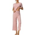 thumbnail image 2 of INSPIRE CHIC Women's Pajama Sets Round Neck Short Sleeve Solid Ribbed Casual Sleepwear Ladies Pajamas M Pink, 2 of 6