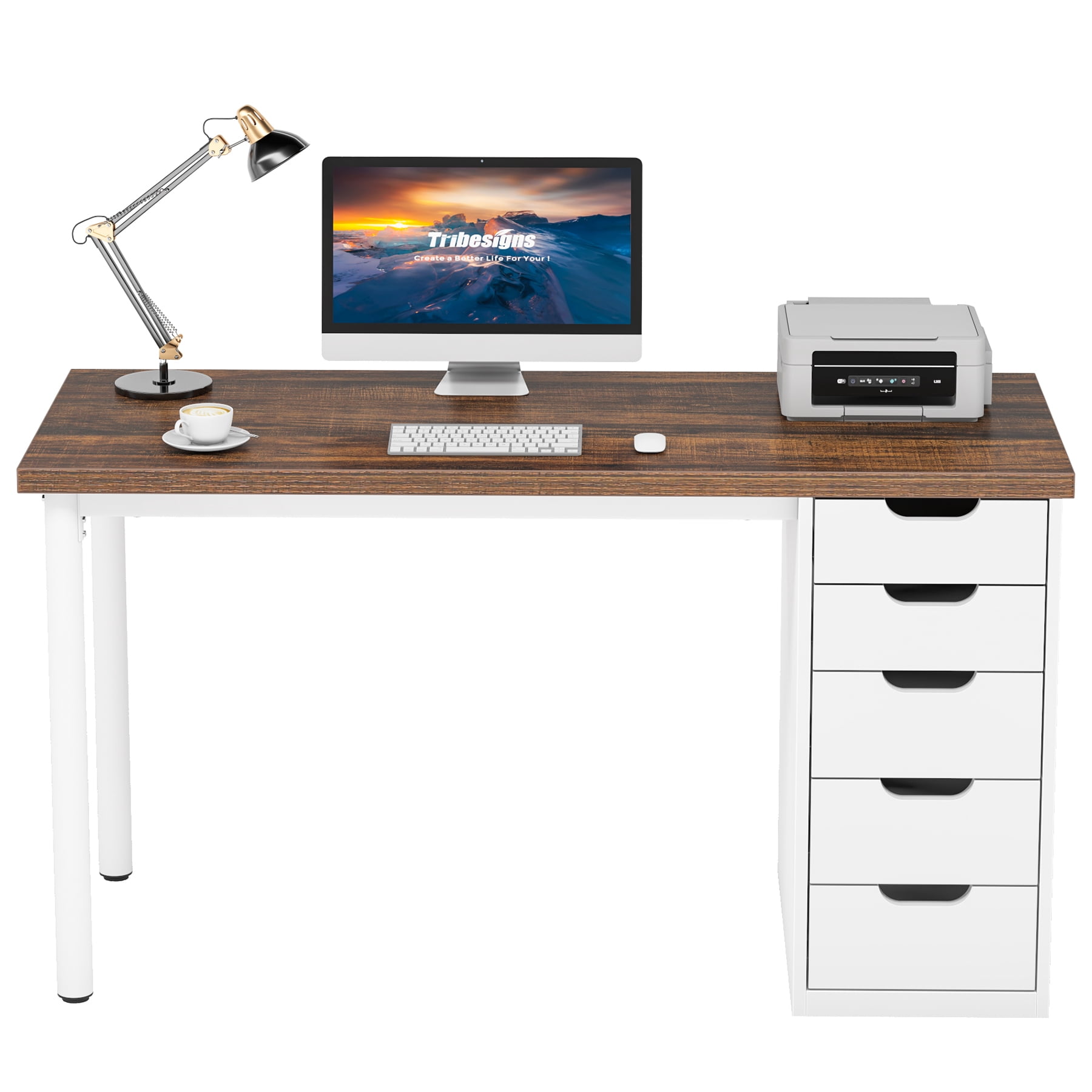 Fnova 47.24" Computer Desk with 5 Drawers, Reversible File Cabinet, Writing Workstation for Home Office Bedroom Study Makeup Vanity Desk Furniture