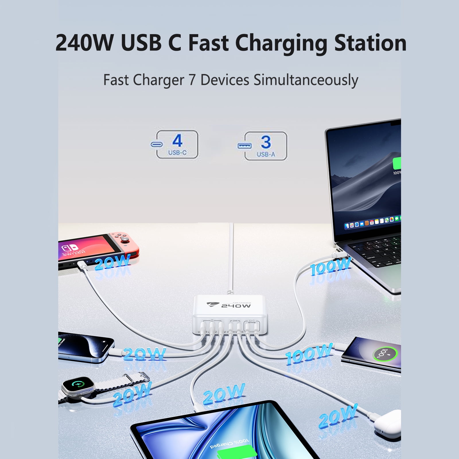 Aioneus 7-Port GaN USB C Charger Block 240W Fast Charging Station Power Adapter Compatible with Laptop Macbook iPhone iPad, White