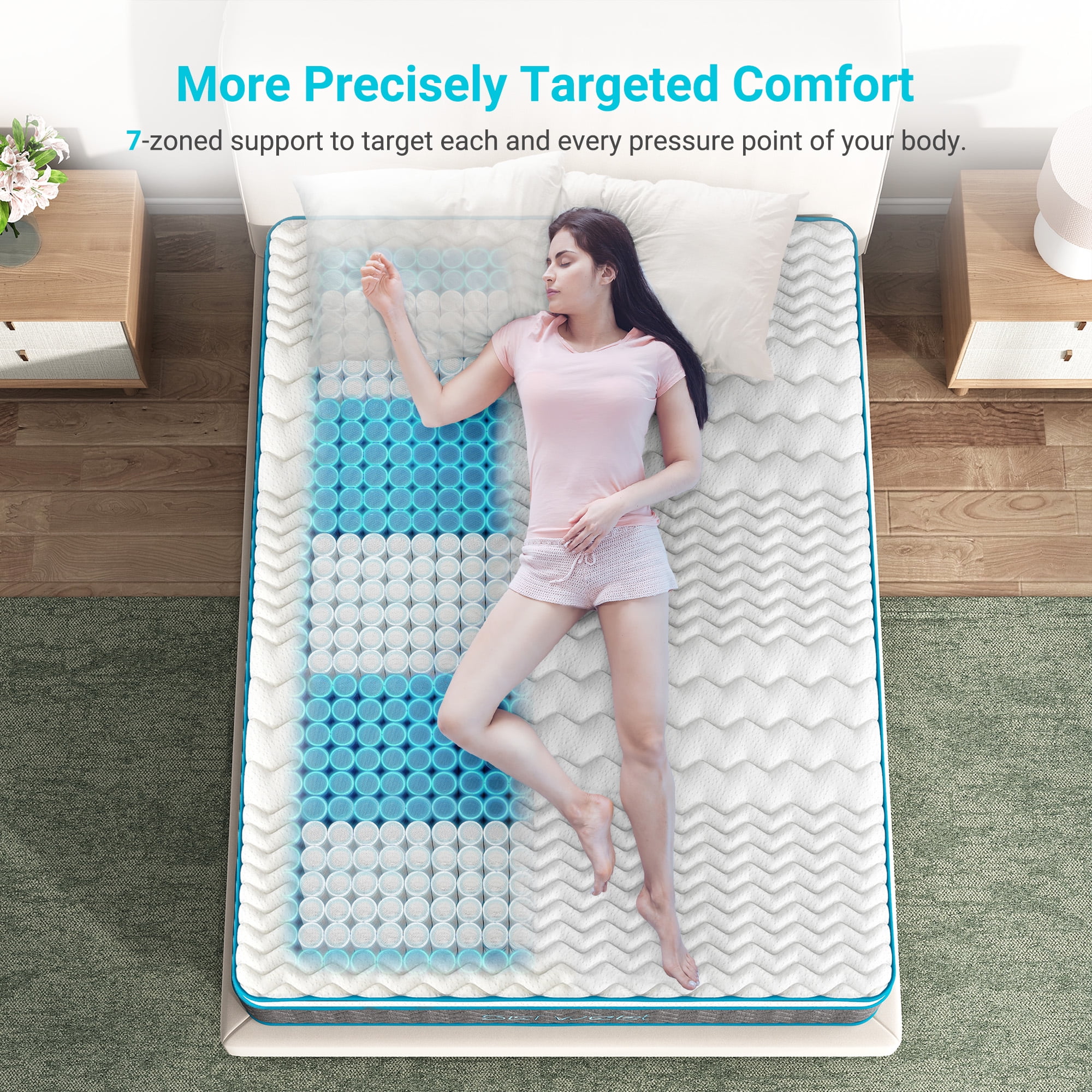 Serweet 10" Full Size Hybrid Mattress, Bamboo Charcoal Gel Memory Foam, 7-Zone Pocket Springs, Medium Firm