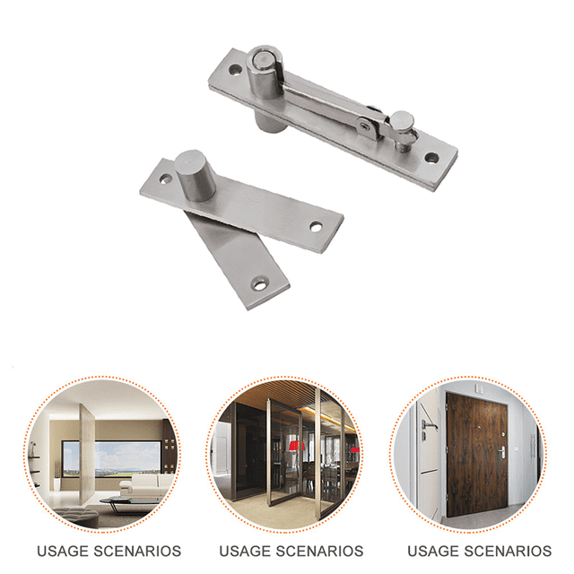 bisagras de pivote de puerta bisagras de servicio pesado para puertas de madera eje de 360 grados sistema de bisagra de pivote de acero inoxidable kit en vista cenital con acabado acero inoxidable cepillado: cuerpo pivote con perno vertical y palanca de montaje y dos placas planas perforadas para tornillos; peso 455 g, soporta hasta 50 kg, herraje de pivote ideal para puertas secretas y soluciones de almacenamiento, color ASL-7102, marca Yongsheng.