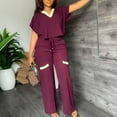 thumbnail image 2 of hoksml Cute Outfits for Women,Women’s Casual Fashion Solid Color Short Sleeve Top High Waist Straight Leg Pants Commuting Two-piece Set, 2 of 5