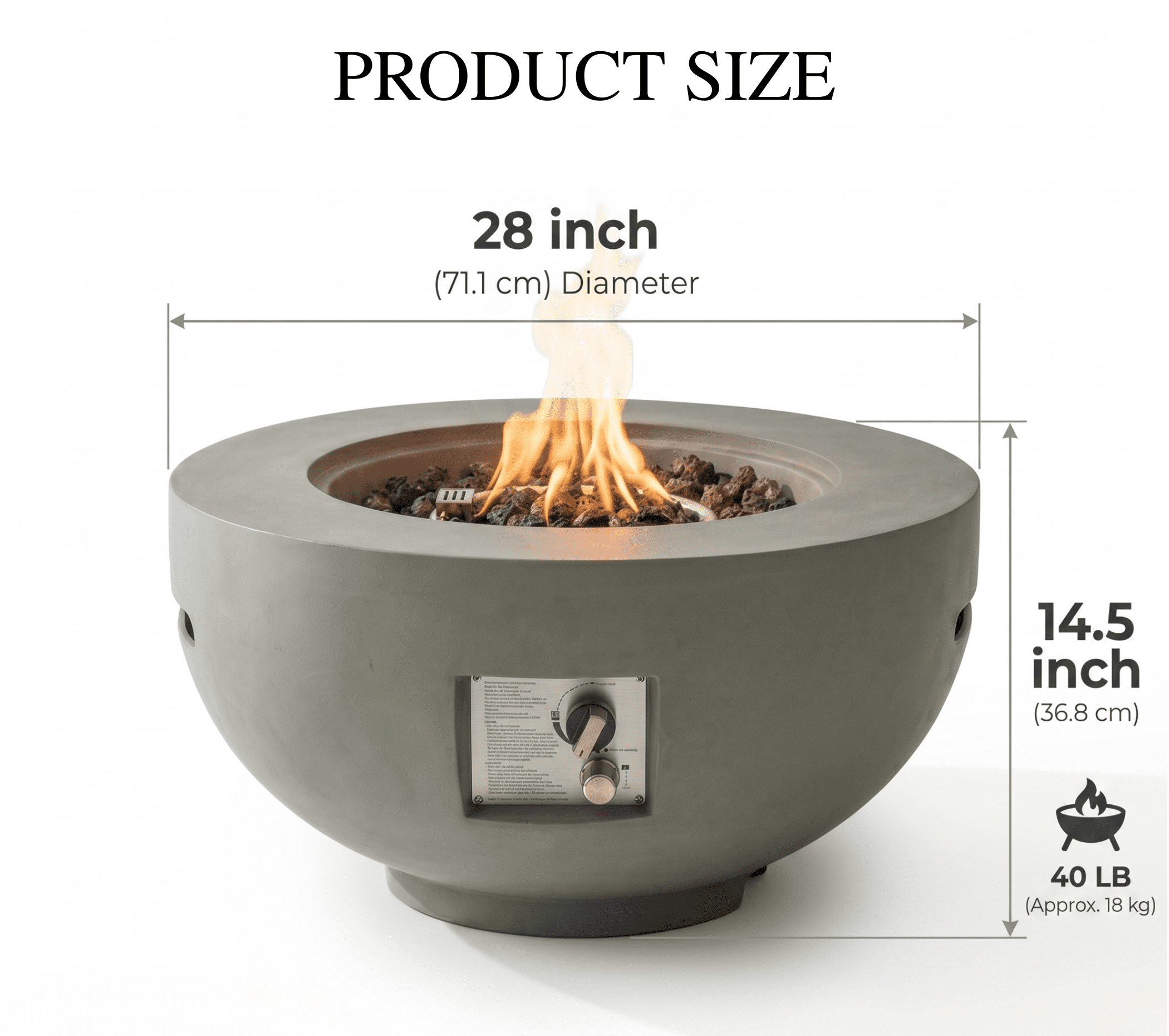 Anykoon 28" Outdoor Round Propane Fire Pit Table, 40,000 BTU Light Concrete Fire Pit with Lava Rocks, Rain Cover & Lid, Light Grey for Patio Garden Deck
