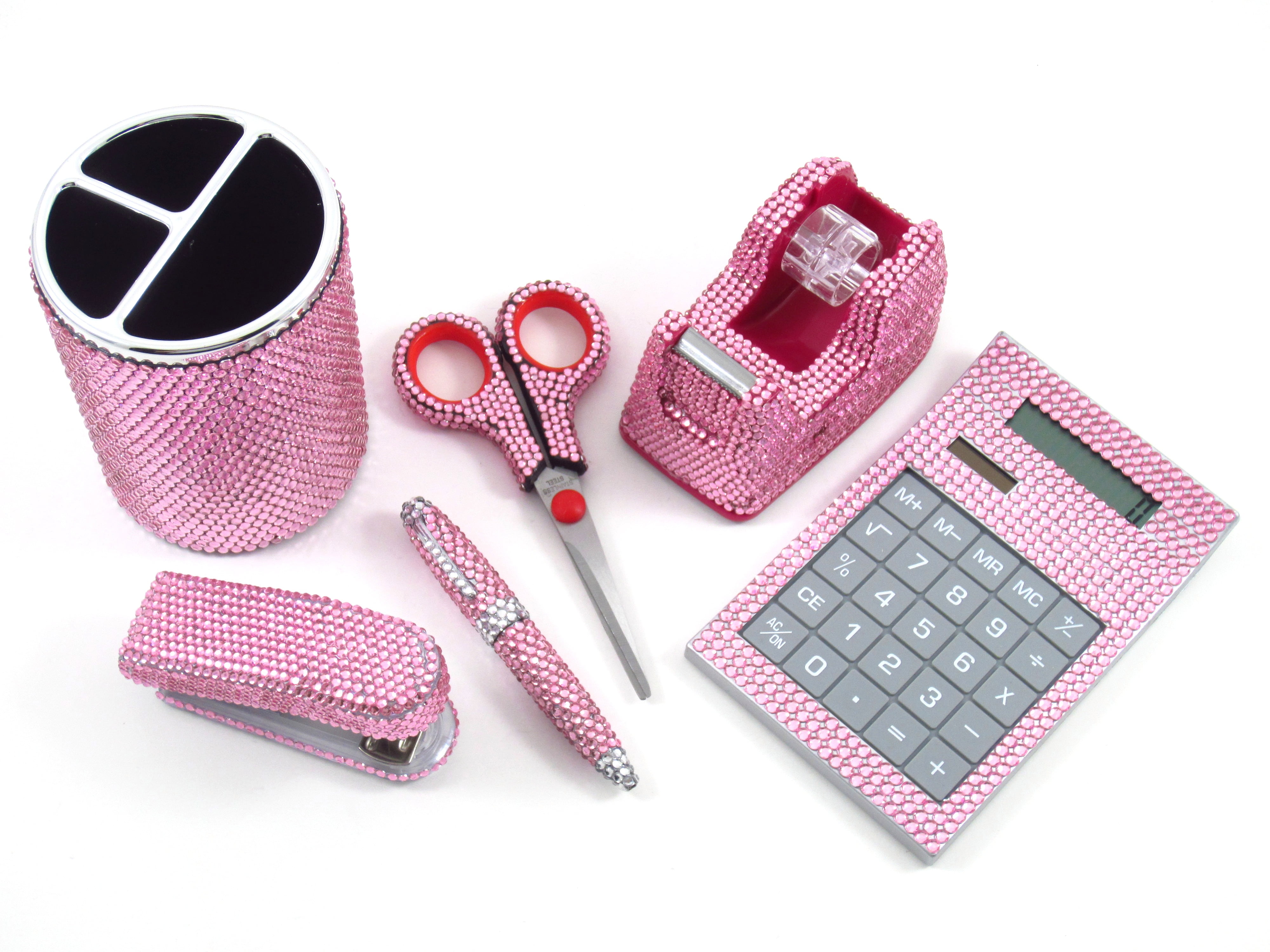 Pink Crystal Office Supply Set Pen Holder Scissors