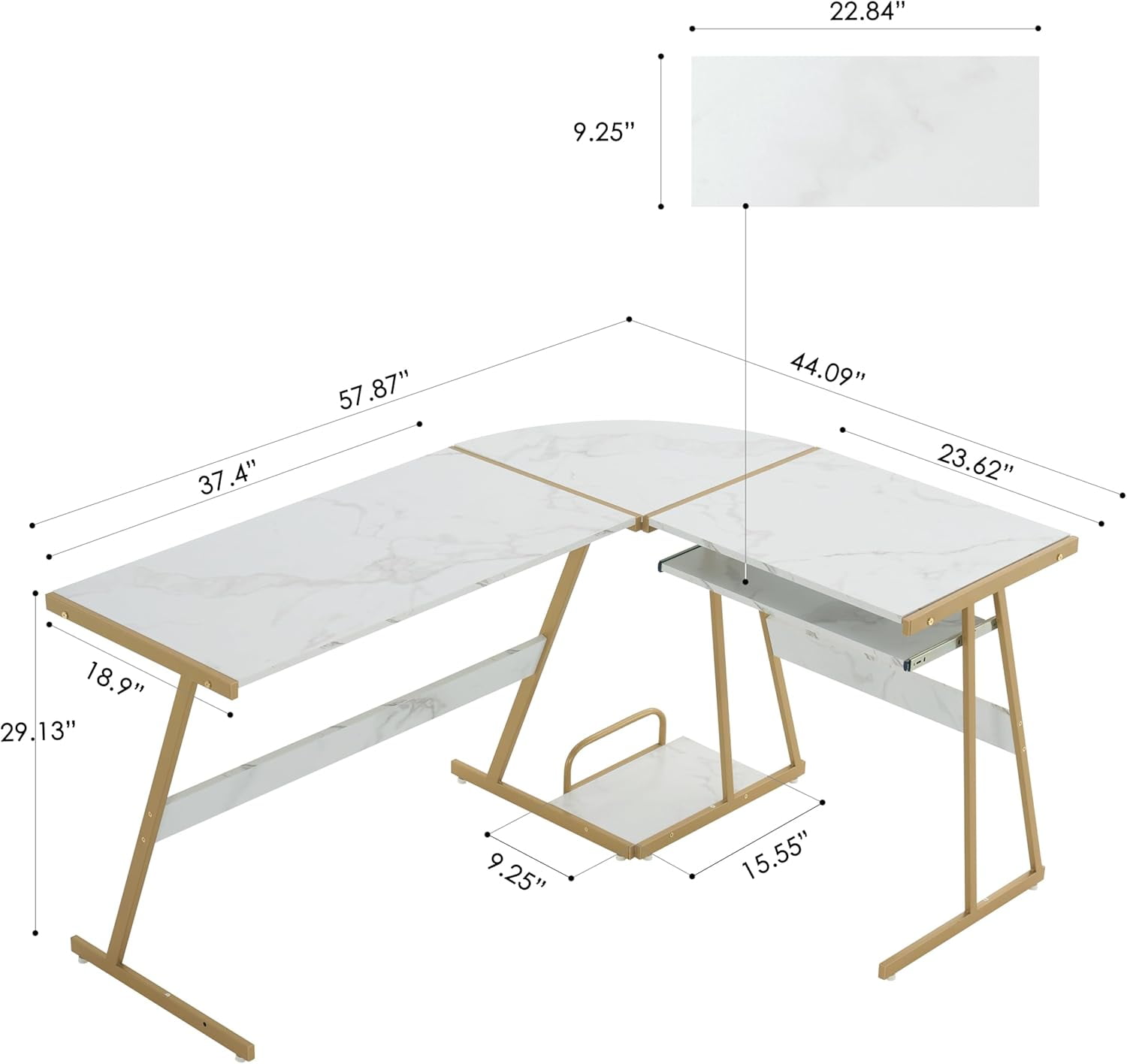 Ivinta L-shape Computer Desk with Keyboard Tray, Corner Desk with Faux Marble Top White