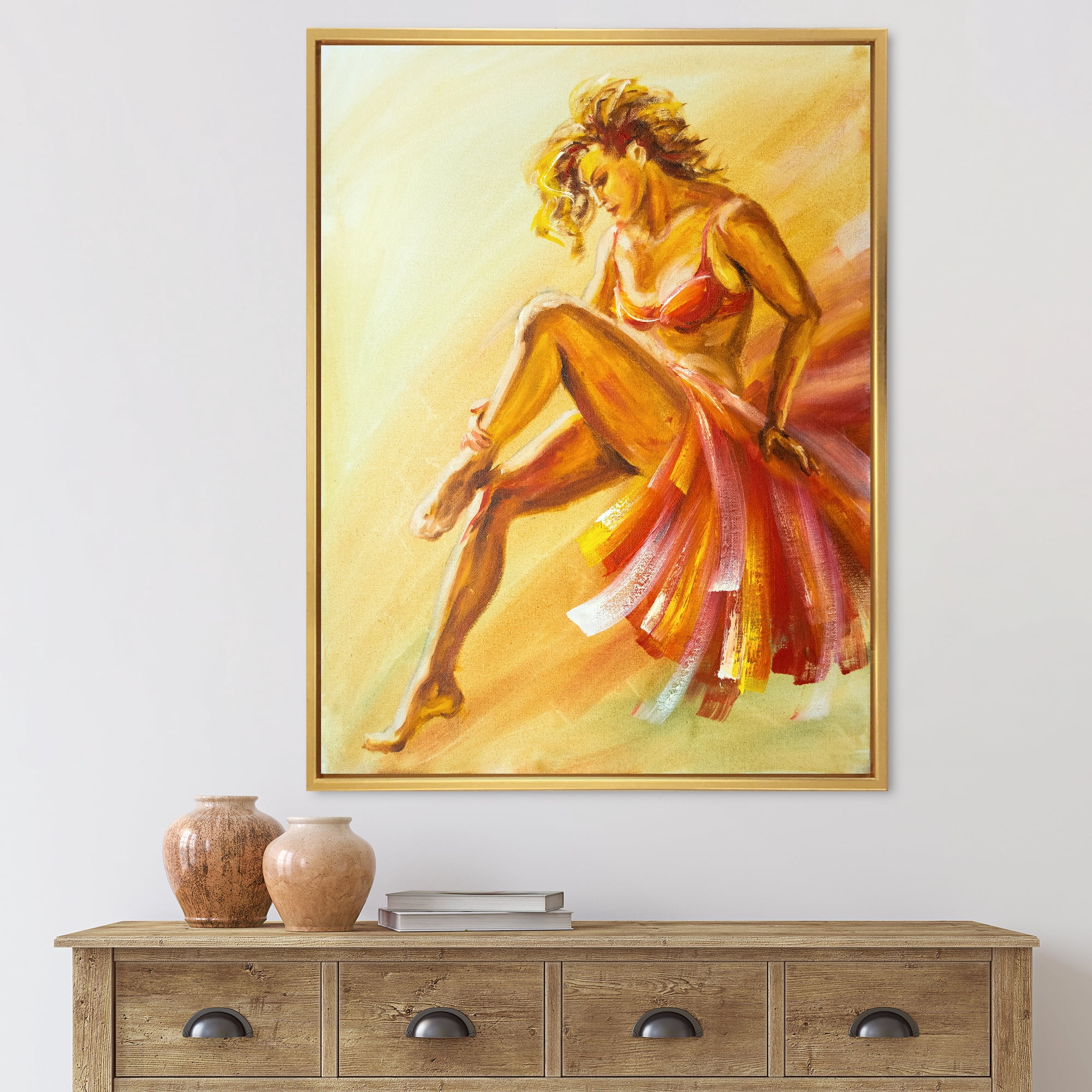 Designart 'Warm Coloured Flamenco Woman Dancer' Modern Framed Canvas Wall Art Print