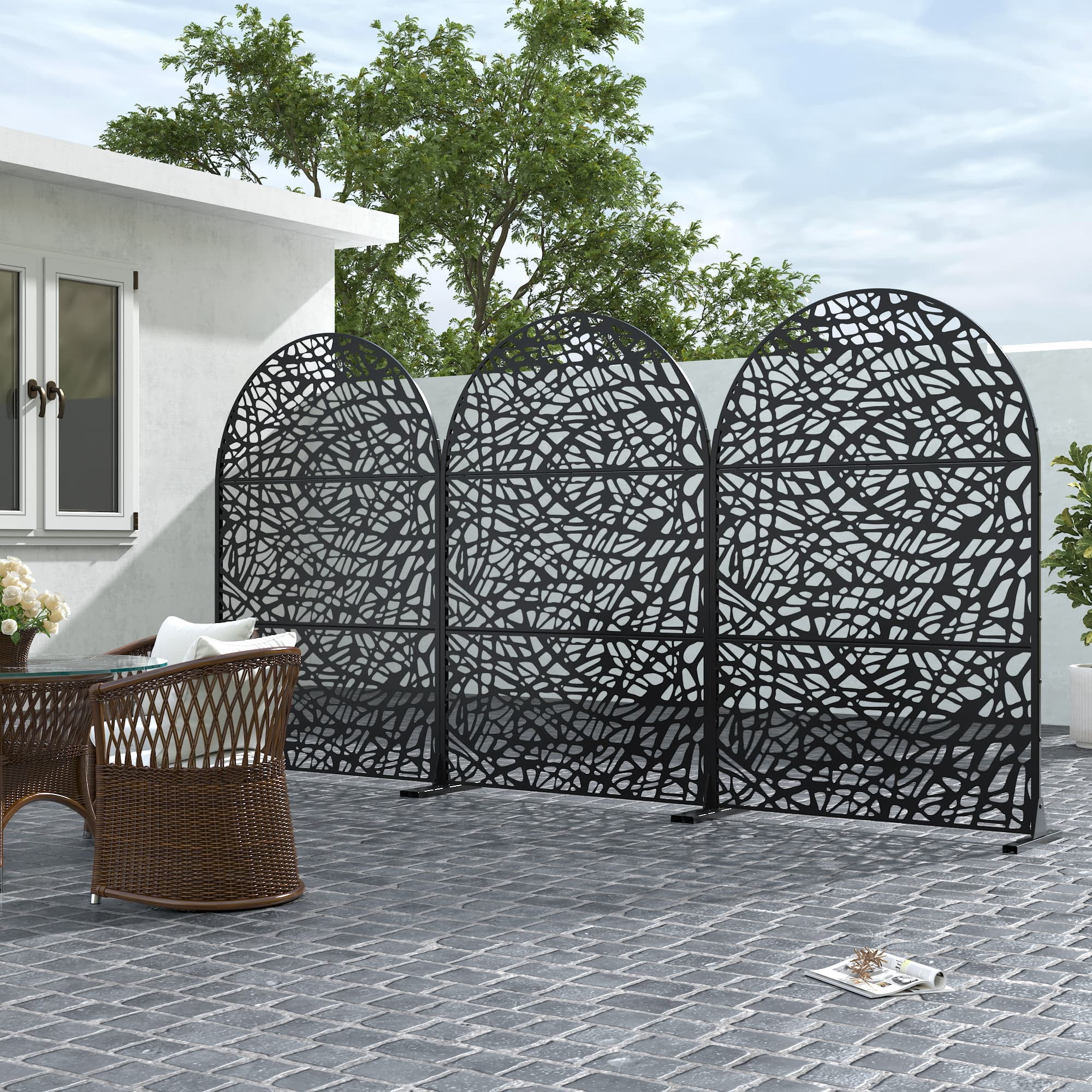 MAYEERTY 72 × 47in Arched Outdoor Privacy Screen with Stand, 3 Panels Metal Balcony Decorative Screen, Black