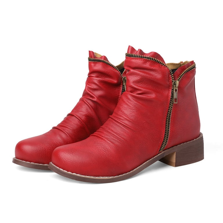 Drie Low Heel Boots for Women Women's Low Heel Ankle Boots Classic Pointed Toe Side Zipper Booties Ladies Dress Boots Red,9