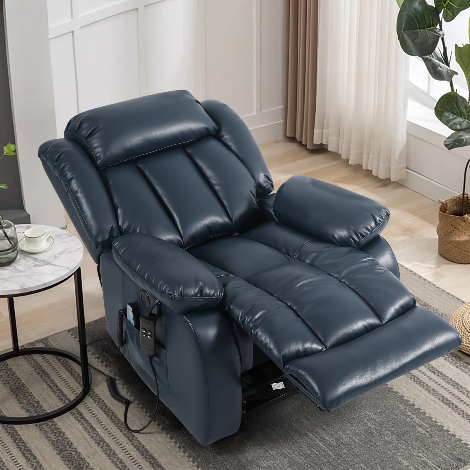 INGALIK Power Lift Recliner Chair Dual Motor, Infinite Position Lay Flat Recliners for Adult & Elderly with Heat & Massage, Large, Type-C Charge, Lumbar Pillow for Living Room, Leather (Blue)
