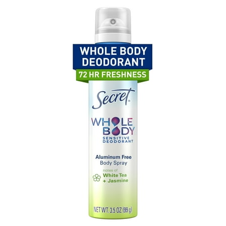 Secret Whole Body Deodorant Spray for Women, White Tea & Jasmine Scent, Aluminum Free, 72 HR Odor Protection, 3.5oz