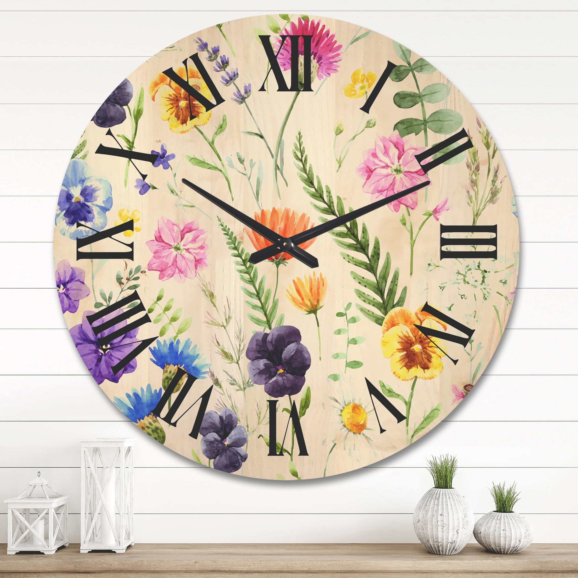 Designart 'Coloful Wildflowers Floral Pattern I' Traditional Wood Wall Clock