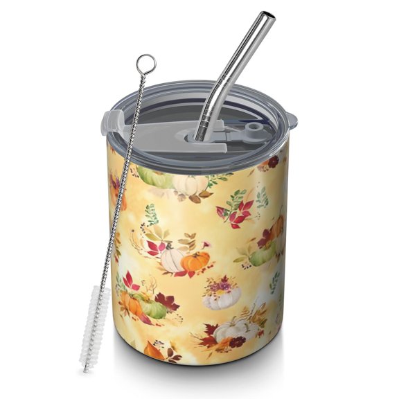 12oz Coffee Tumblers Fall Pumpkins Leaves Pattern Stainless Steel Vacuum Insulated Travel Tumbler Coffee Cups Mug with Lid and Straw with Cleaning Brush for Cold & Hot Drinks