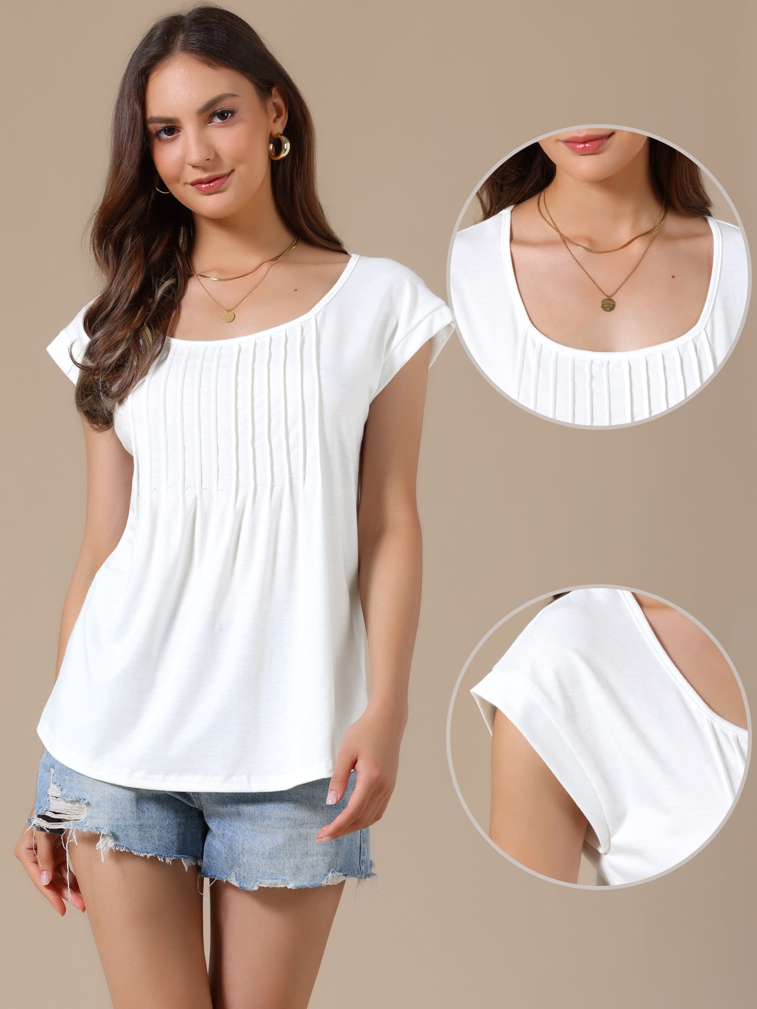 DARING DIVA Women's Cap Sleeve Pleated Round Neck Flowy Casual Blouses S White