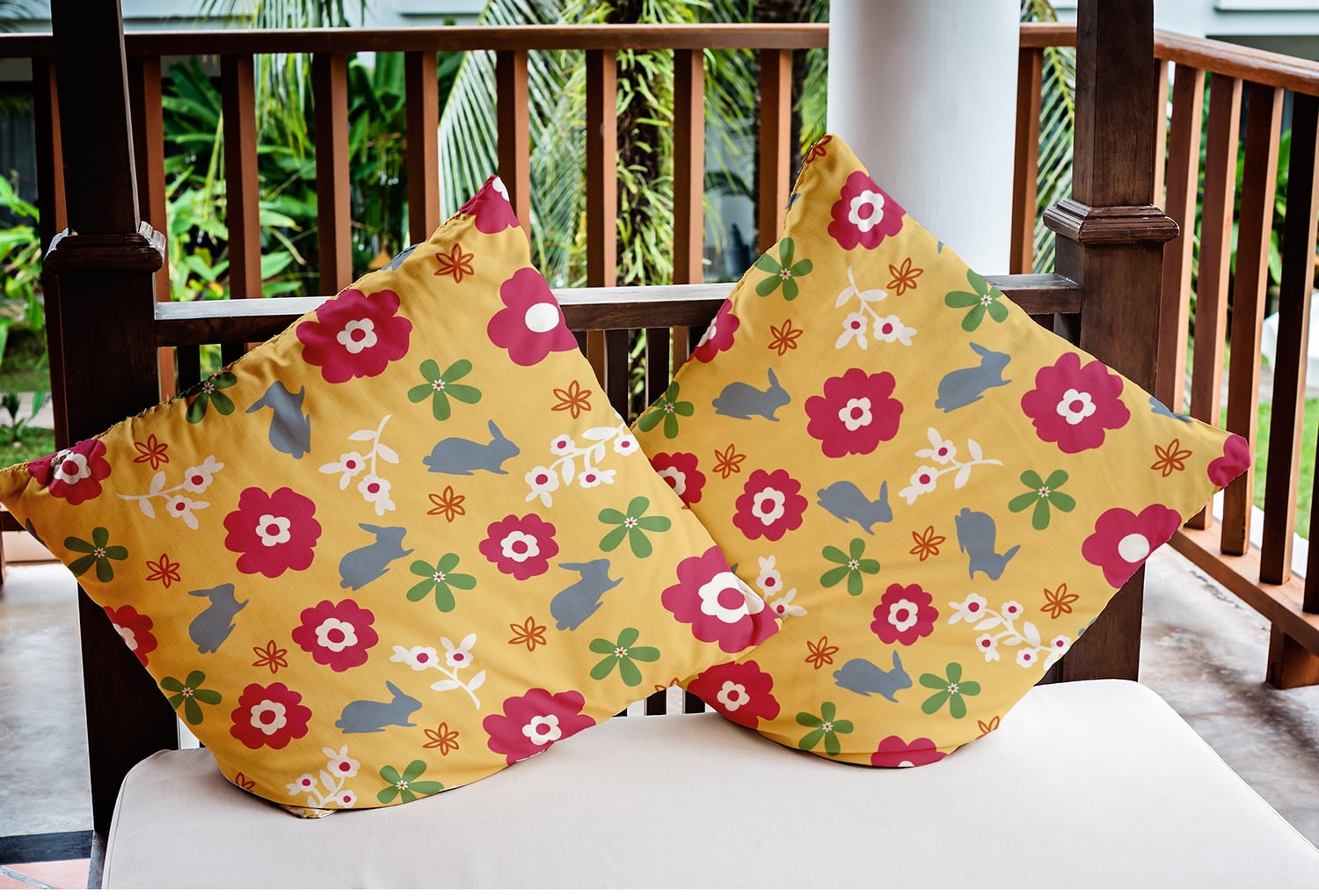 16" x 16" Simply Daisy Flowery Love Bunnies Easter Indoor/Outdoor Pillow, Daffodil Yellow-Blue Qty 1