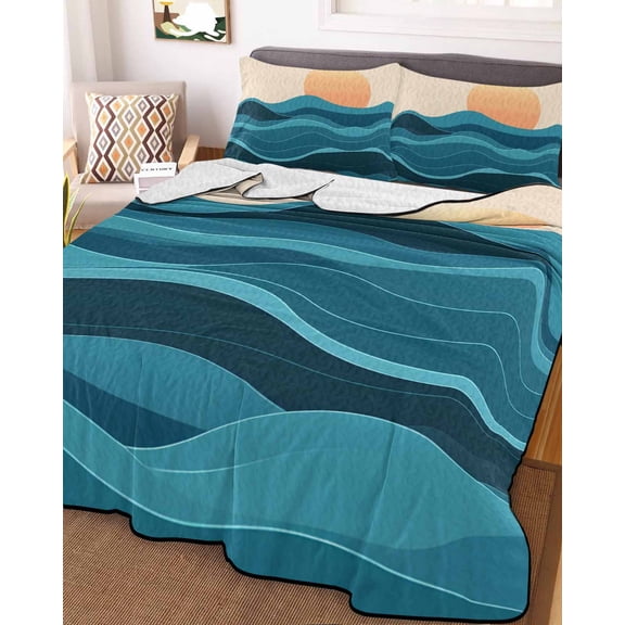 Teal Waves King Size Down Alternative Comforter, Lightweight Comforter Quilt Bedding Set with Pillow Shams Watercolor Sun Turquoise Ombre All Seasons Bed Comforter Duvet Insert 96"x106"
