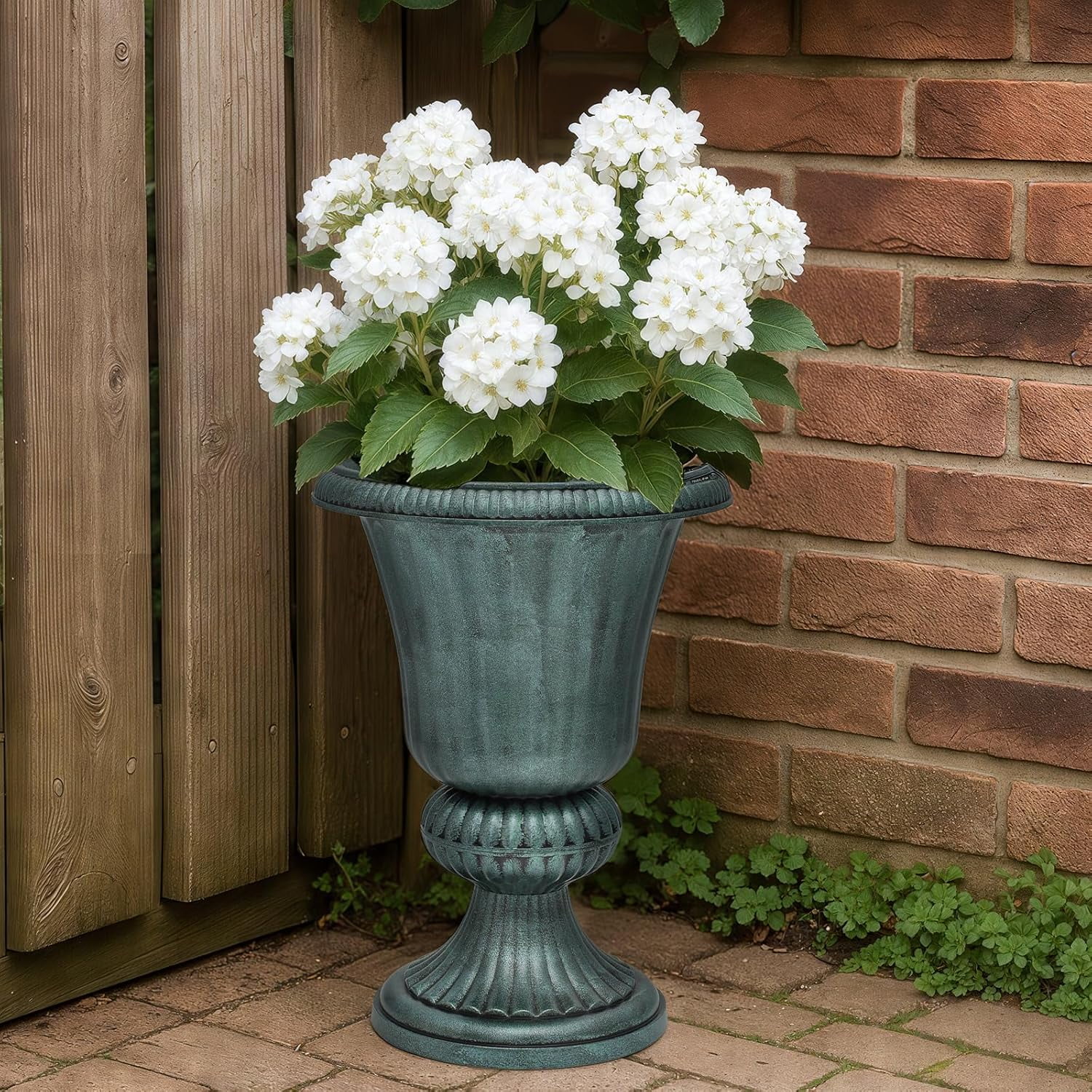 WLTER 20" Urn Planter for Outdoor and Indoor Plants, Large Decorative Front Porch Planter, Vintage Grecian Flower Pot for Patio, Garden & Entryway Décor, Antique Green