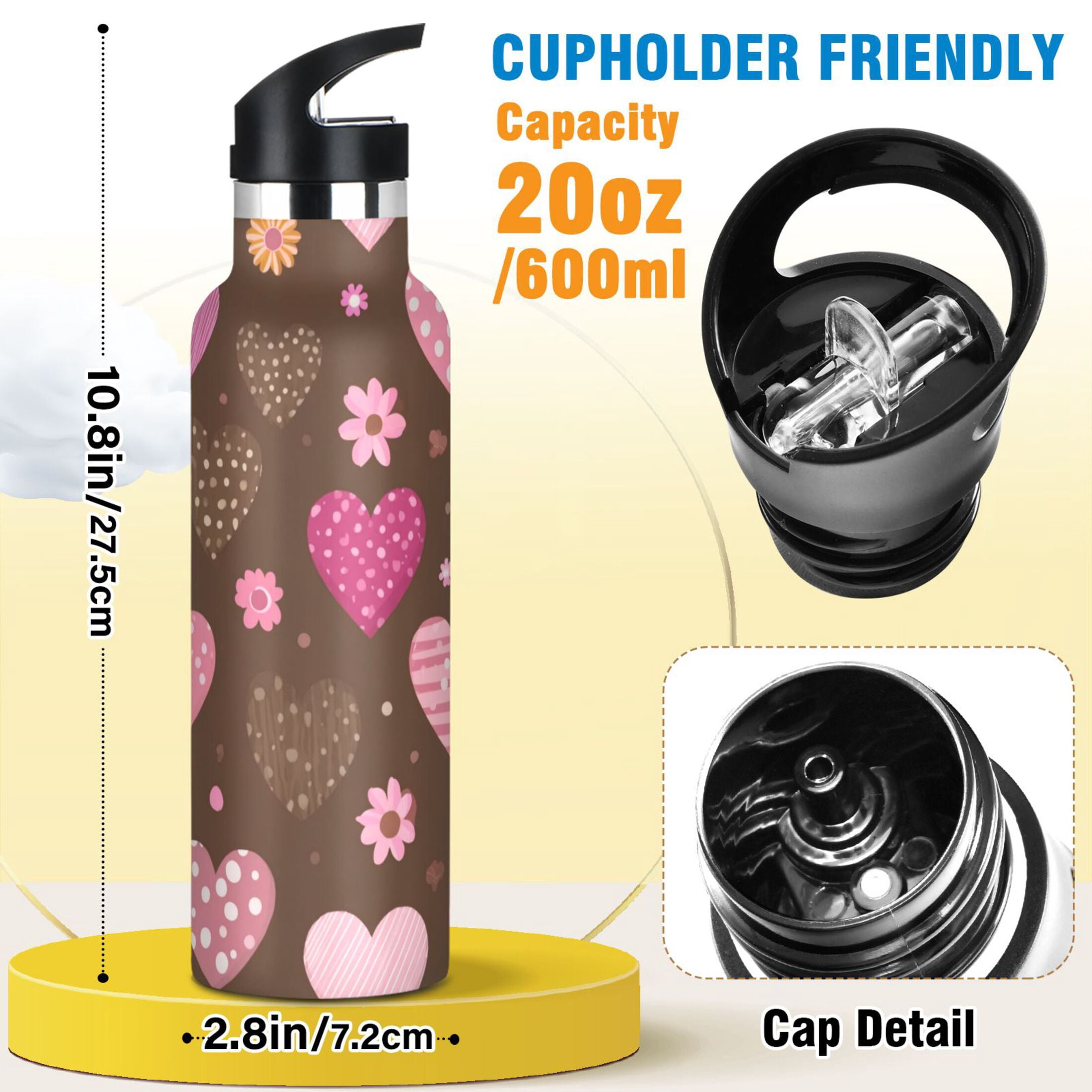 Kids Insulated Stainless Steel Sports Water Bottle 600ml Pink and Brown Hearts Pattern