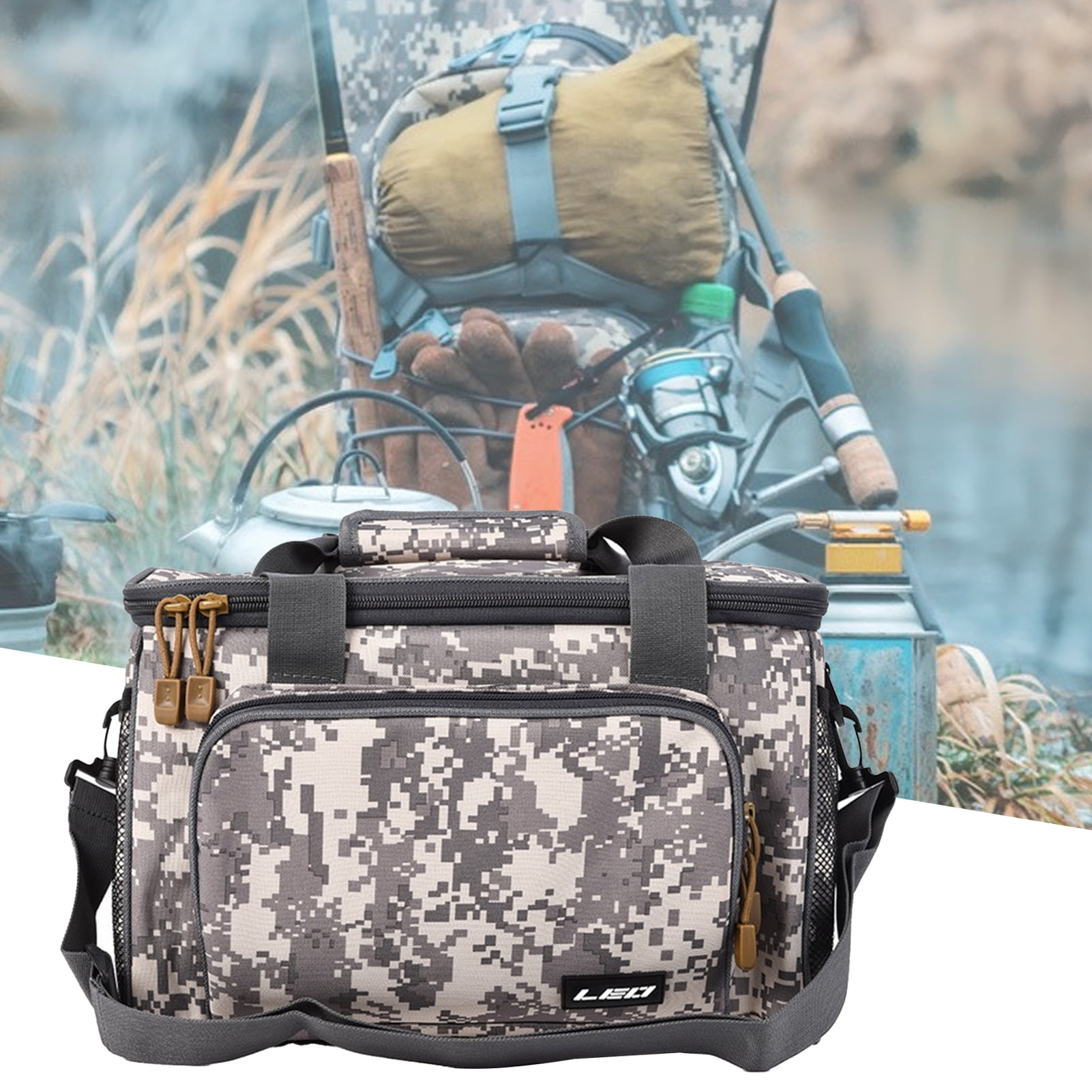 Fishing Tackle Bag Square Multi-pocket Smooth Zipper Adjustable Shoulder Strap Portable Large Capacity 600D Canvas Fishing Gear Hard Lure Storage Bag for Outdoor