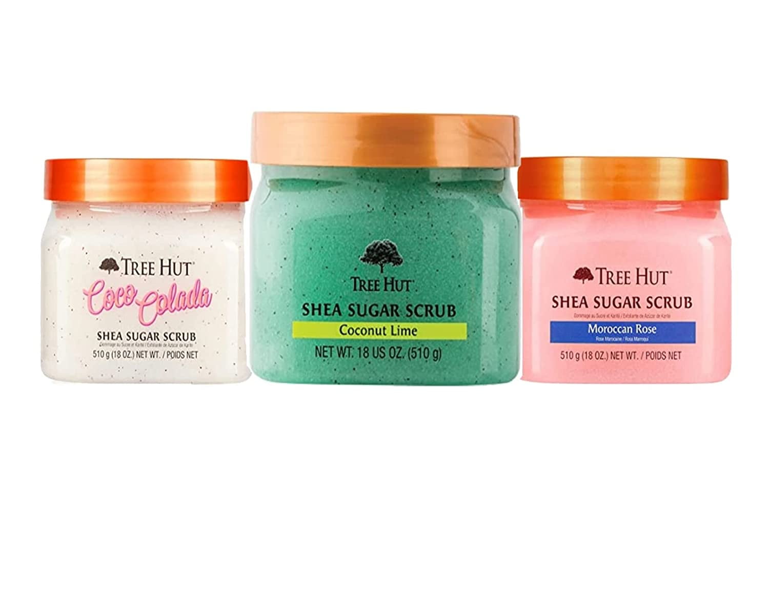 Tree Hut Sugar Body Scrub 18 oz Variety Pack Set of 3 — Coco Colada, Coconut Lime, & Moroccan