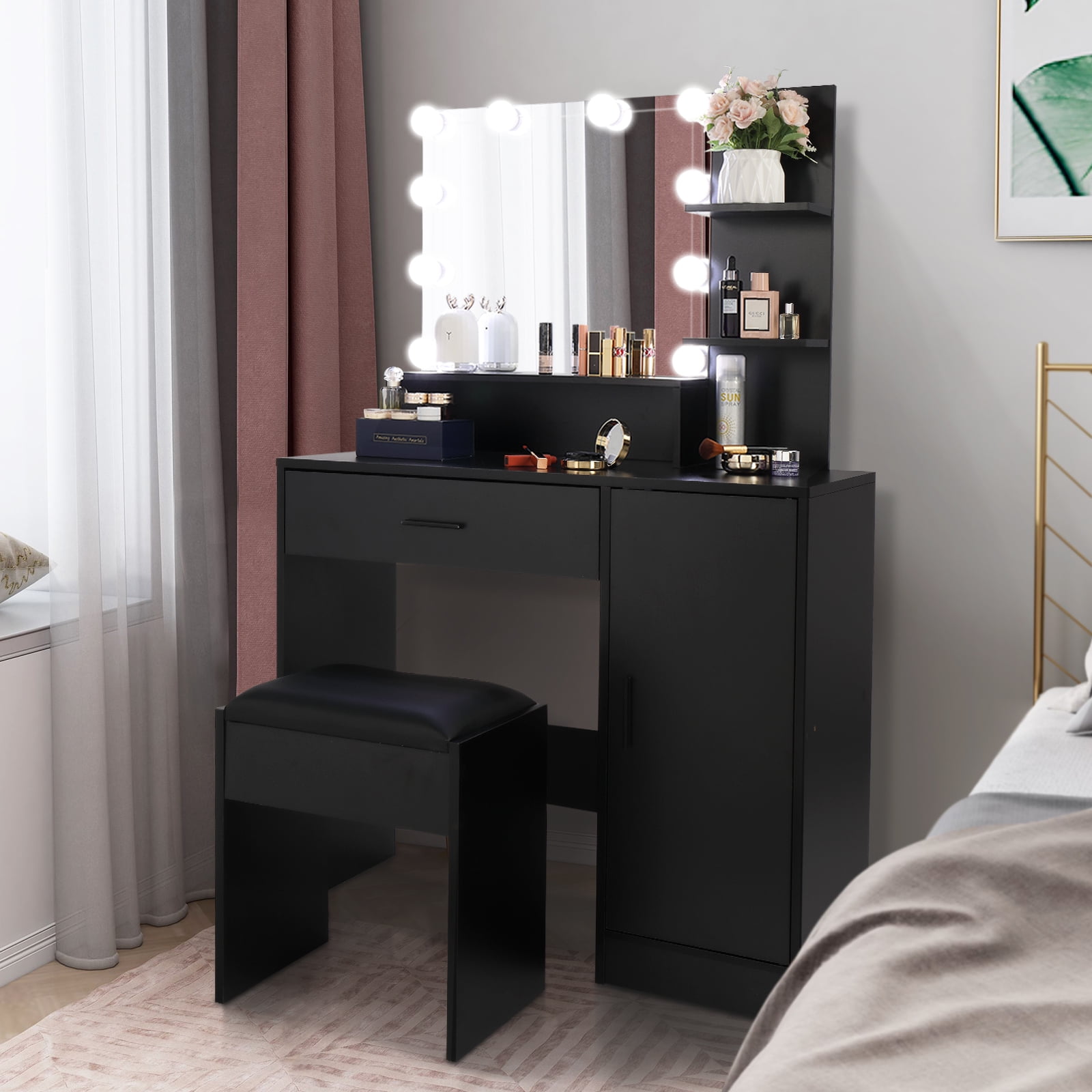 YYAo Farmhouse Vanity Desk Set, Makeup with Lighted Mirror and Stool, Dressing Table with Drawers and Storage Shelves for Bedroom, Black YYAo Farmhouse Vanity Desk Set, Makeup with Lighted Mirror and Stool, Dressing Table with Drawers and Storage Shelves for Bedroom, Black