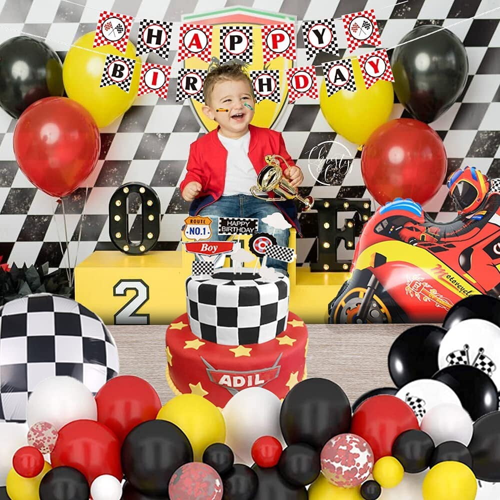 Racing Car Balloon Garland Kit, Yellow Black Red Balloon Arch with Checkered Flags Banner Checkered Balloons Confetti Balloons for Let's Go Racing Motorcycle Birthday Decorations