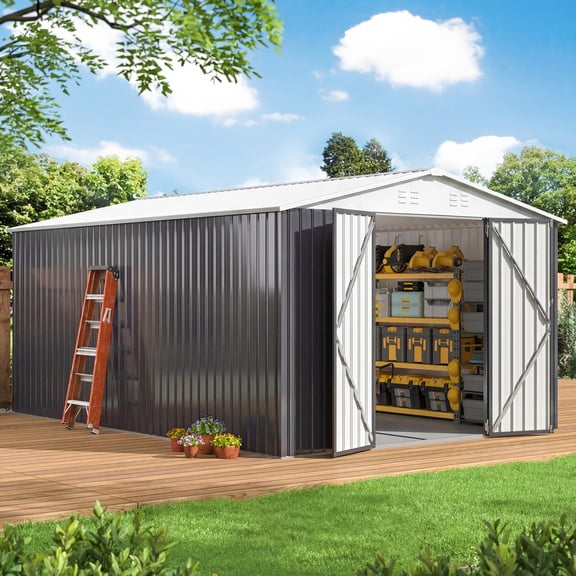 NETAJE 10'x14' Outdoor Metal Storage Shed with Plastic Floor, Galvanized Steel Shed with Vents & Lockable Doors for Backyard, Garden, Lawn