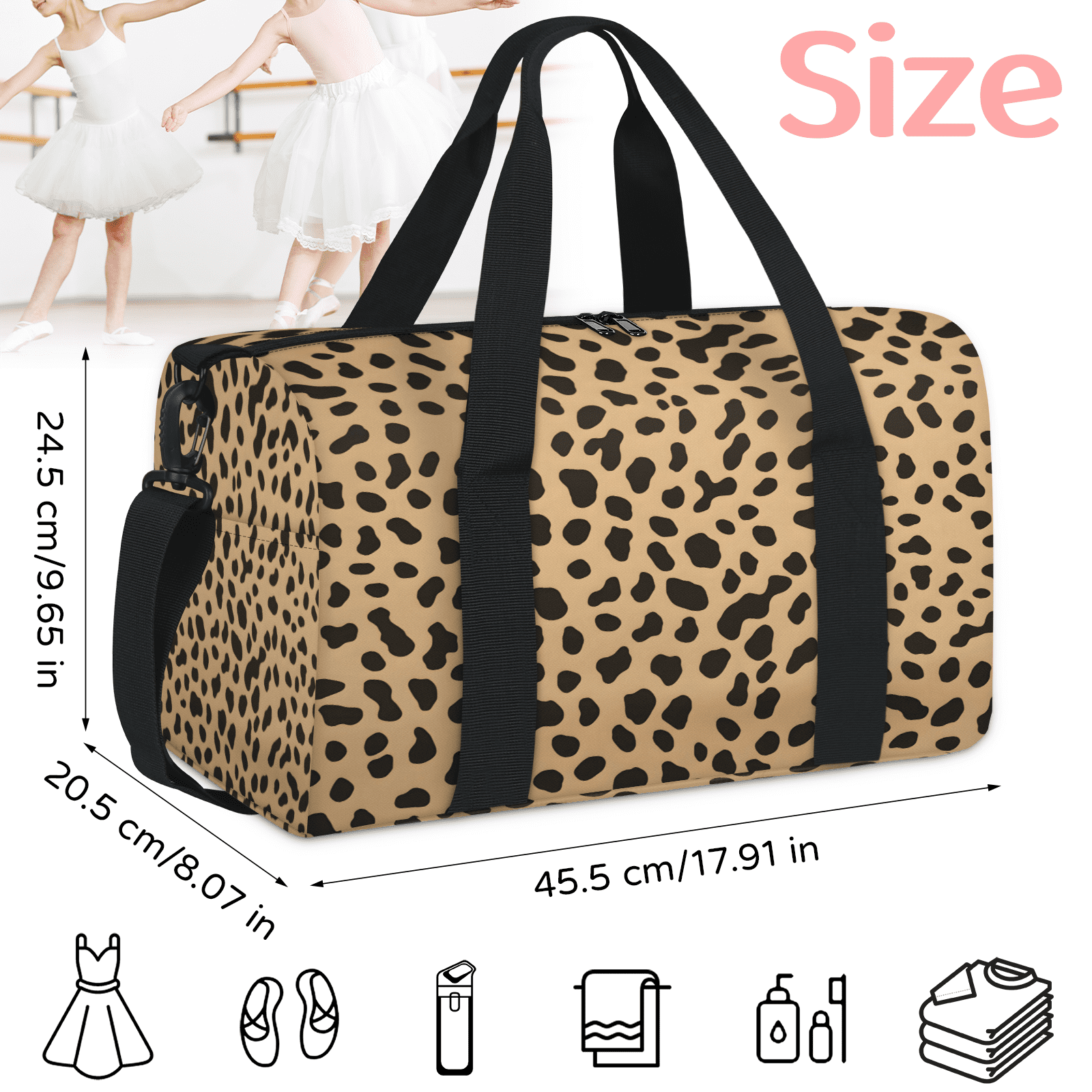 Herdesigns Leopard Gym Bag for Women, Duffle Bag for Travel Sport, Lightweight Waterproof Carry on Weekender Overnight Dance Yoga Workout Bags