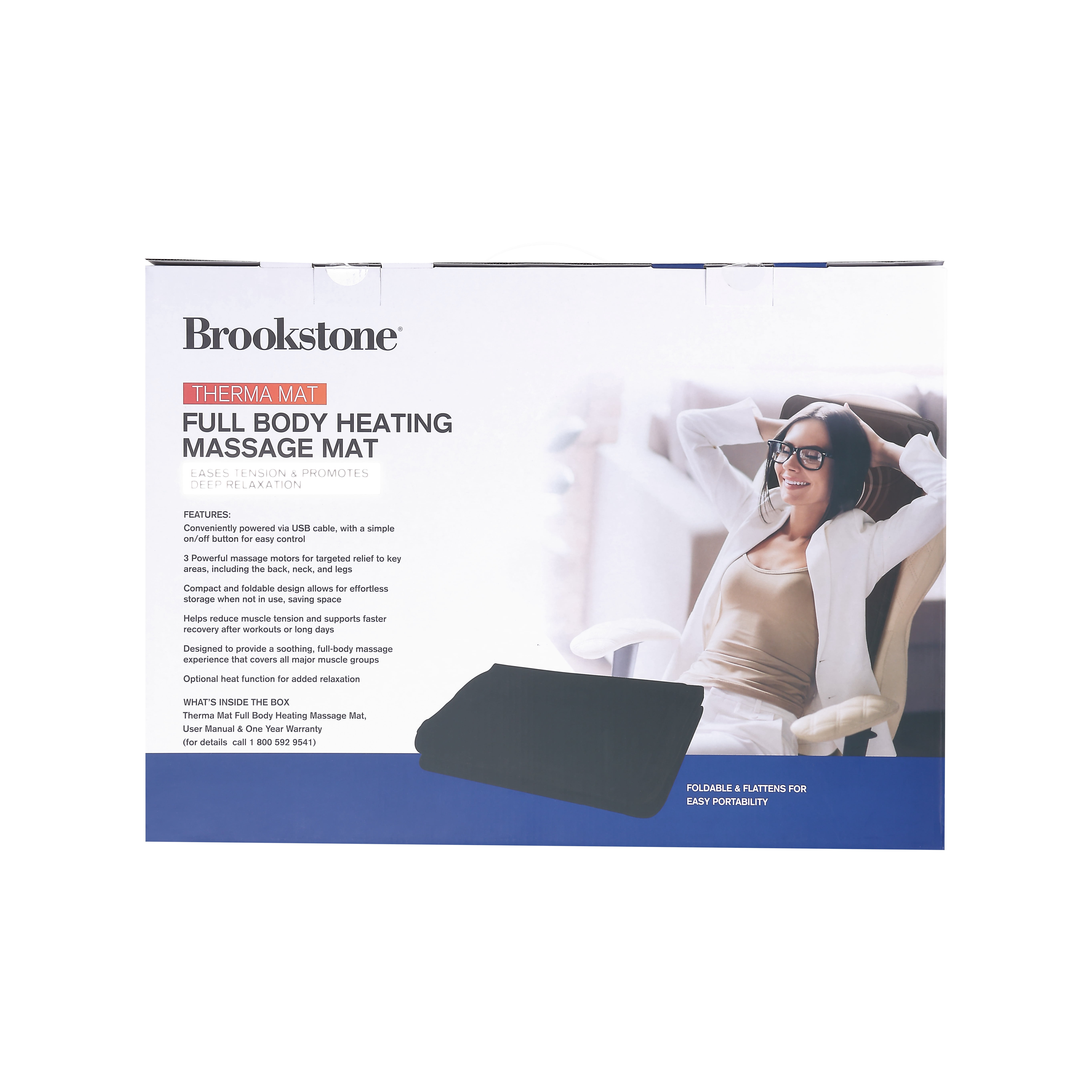 Brookstone Therma Mat Full Body Heating Massage Mat, USB Powered with 3 Massage Motors and Soothing Heat for Neck, Back, and Leg Relief, Foldable Portable Relaxation Pad
