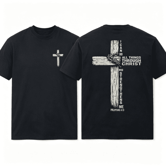 I Can Do All Things Through Christ Philippians 4:13 Wooden Cross Thorns Front Back Print Christian Faith Unisex T-Shirt