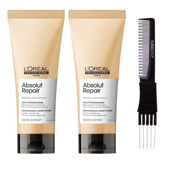 L'Oreal SerieExpert Gold Quinoa Protein Absolut Repair Resurfacing Conditioner (6.7 oz) with SLEEKSHOP Teasing Comb Pack of 2