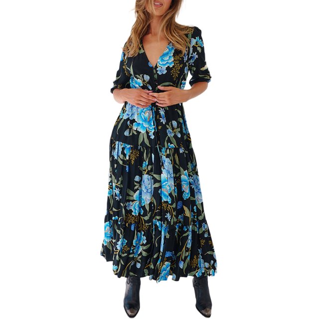 SUNSIOM Femmes Imprimé Floral Robe Longue Demi-Manches V-Cou Fente Ourlet Fluide une Ligne Robe pour l'Été