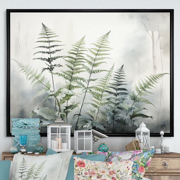 Designart "Ferns Silver II" Floral Floater Framed Wall Art Print