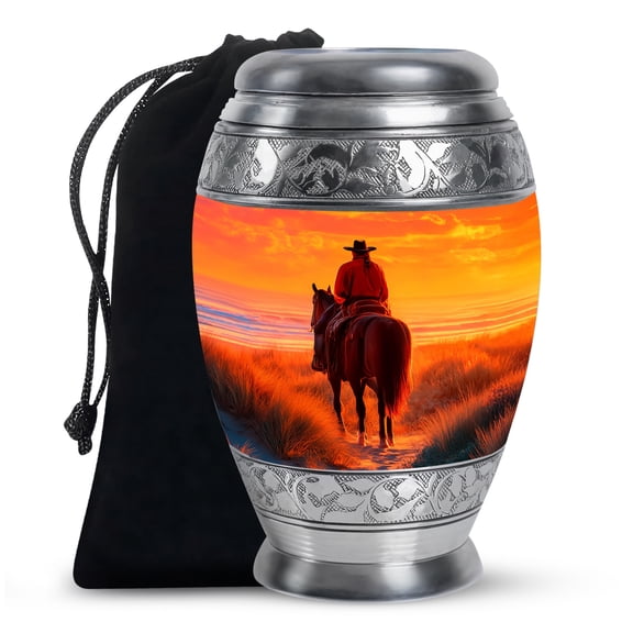 Atrikya Cowboy Urn For Human Ashes Men - Funeral Mountain Cremation Urns For Women Ashes - Sunset Funeral Urn - Decorative Cowboy Urns For Adult Male & Female ( Size- 10inch )