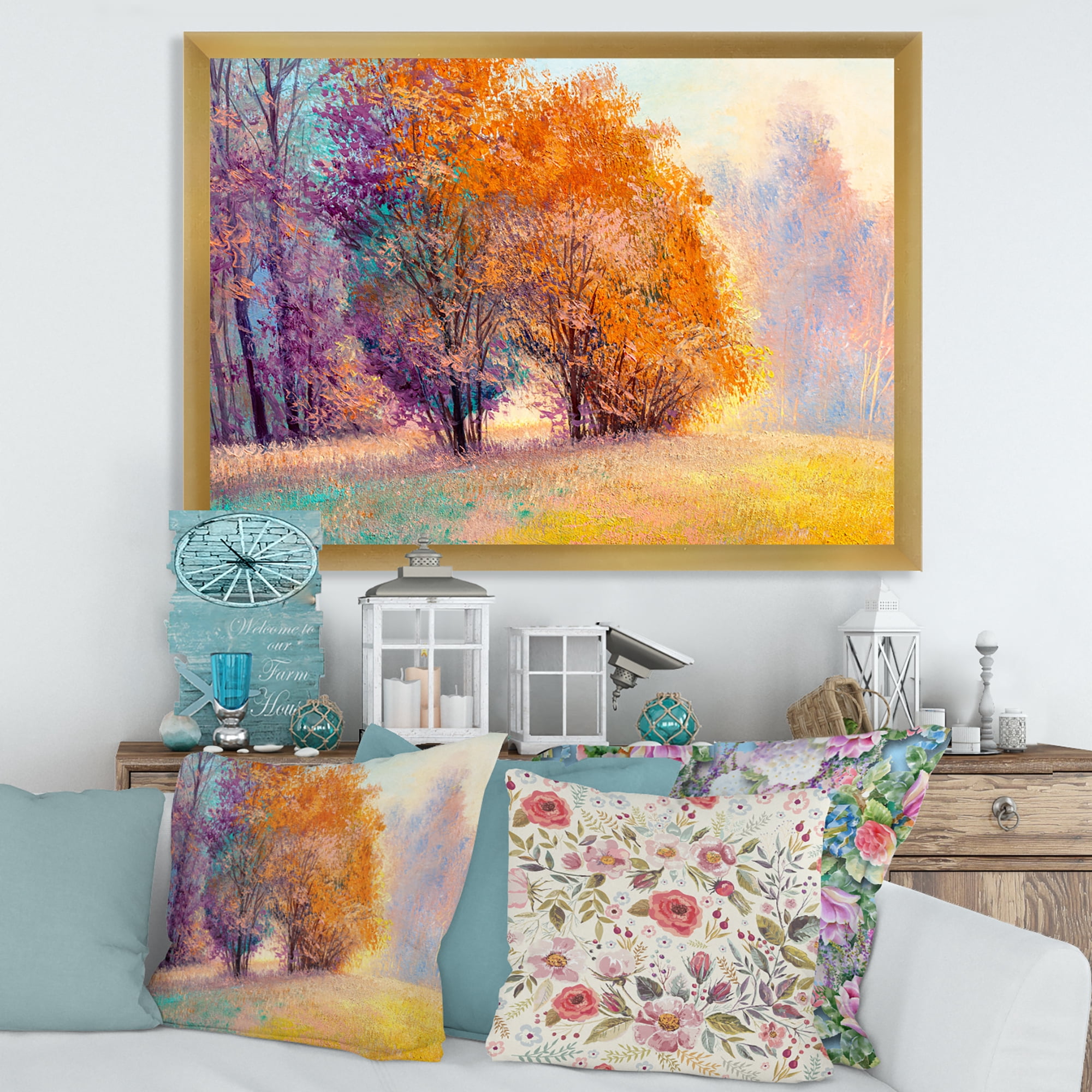 Designart 'Autumn Forest Orange Leaves Landscape' Lake House Framed Art Print