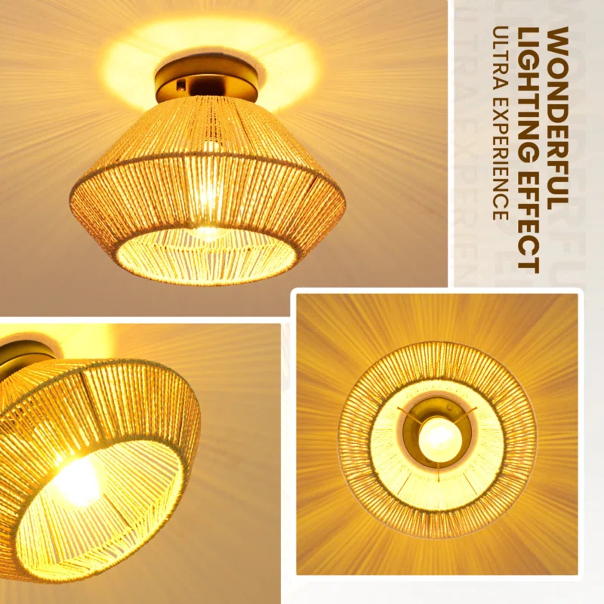 MultiEase Boho Ceiling Light Fixtures: Mini Rattan Chandelier - Woven Flush Mount Ceiling Lamp for Hallway Bedroom Kitchen Entryway Living Room