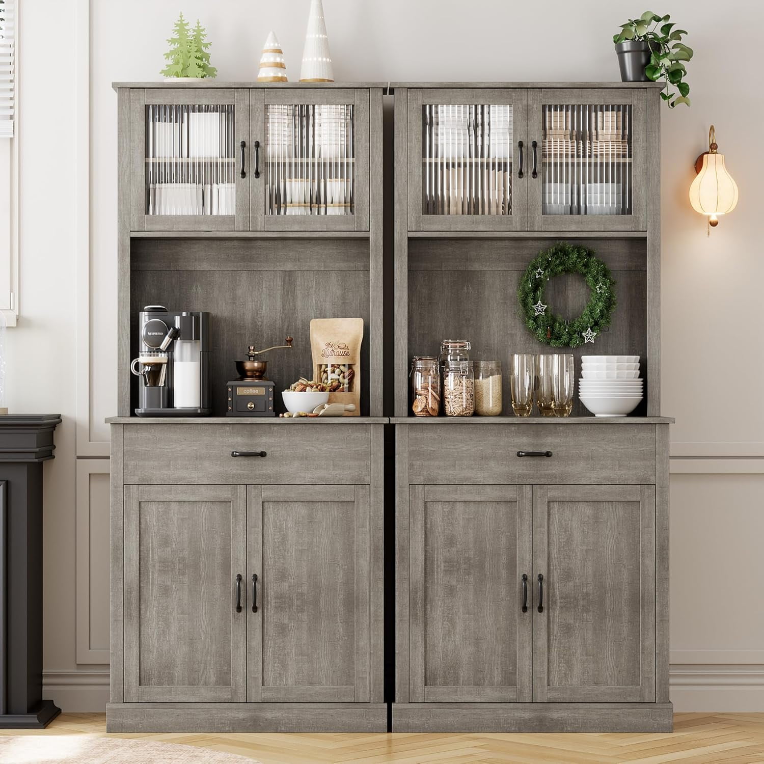 Kitchen Pantry Cabinet with Microwave Stand, 71”Freestanding Tall Kitchen Cabinet with Doors and Shelves for Dining Room, Rustic Gray