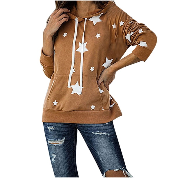 Suéter con capucha de manga larga con estampado de estrellas de cinco puntas informal para mujer Top suelto Fridja ghj987+3284