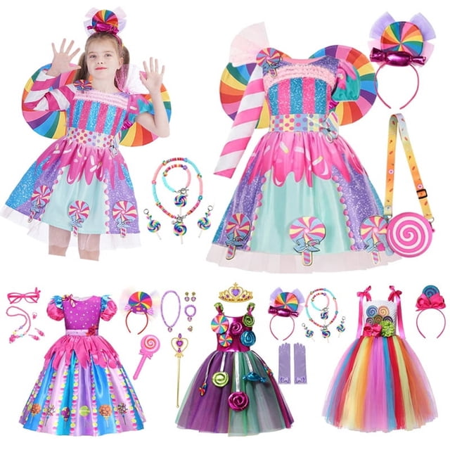 Disfraz de carnaval de arcoíris con caramelos para niños de 2 a 10 años, vestido de princesa con estampado de piruleta y diadema, ropa para fiesta de cumpleaños y Navidad