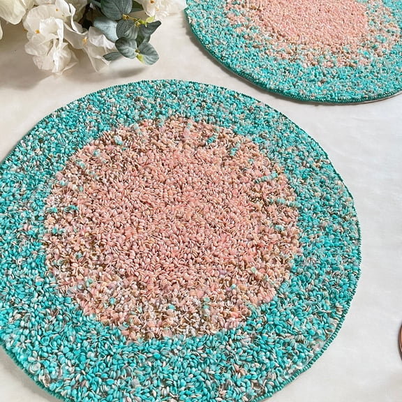 Set of 6, sequin and beaded handmade placemat, charger plate, Light greenish blue and peach