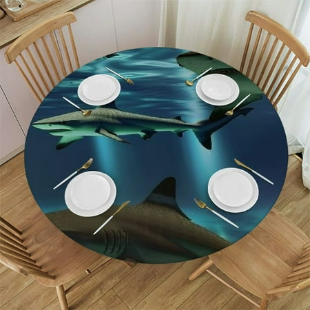 

BCIIG Sharks Ocean Underwater Round Table Cover Stain Resistant Washable Perfect for Indoor/Outdoor Dining Wedding Parties Waterproof 100% Polyester Fiber UV Protection Kitchen Picnic Camping 31 -35